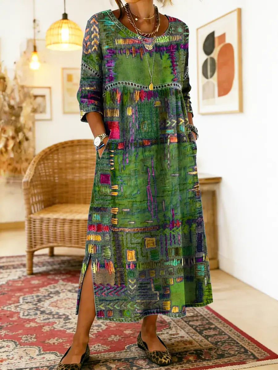 Manuela | Vestido Denim com Patchwork Étnico
