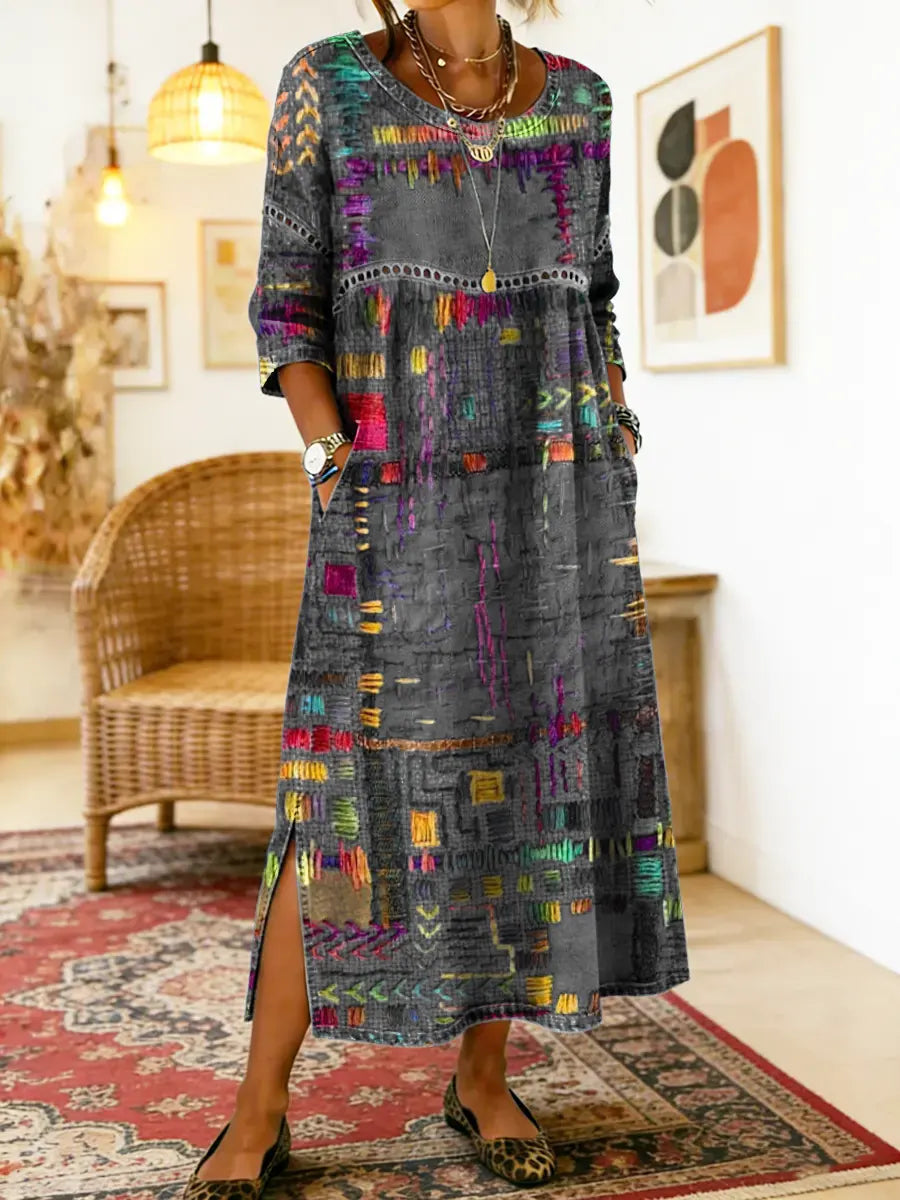 Manuela | Vestido Denim com Patchwork Étnico