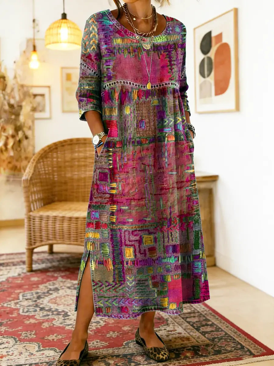 Manuela | Vestido Denim com Patchwork Étnico
