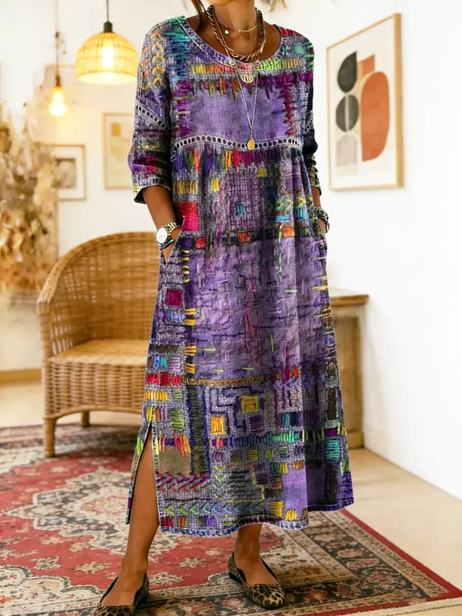 Manuela | Vestido Denim com Patchwork Étnico