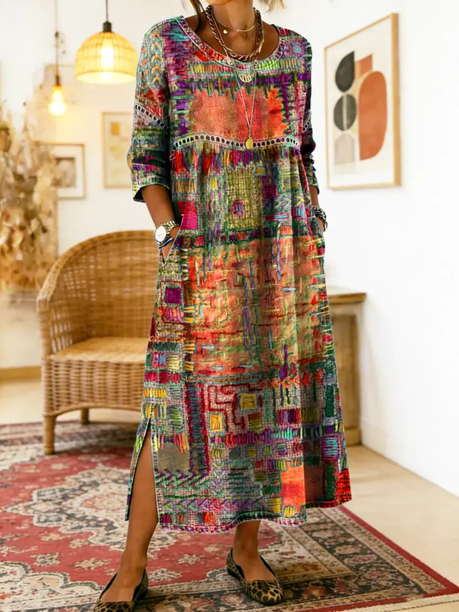 Manuela | Vestido Denim com Patchwork Étnico
