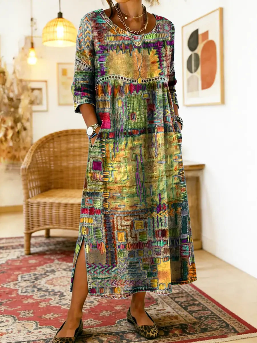 Manuela | Vestido Denim com Patchwork Étnico