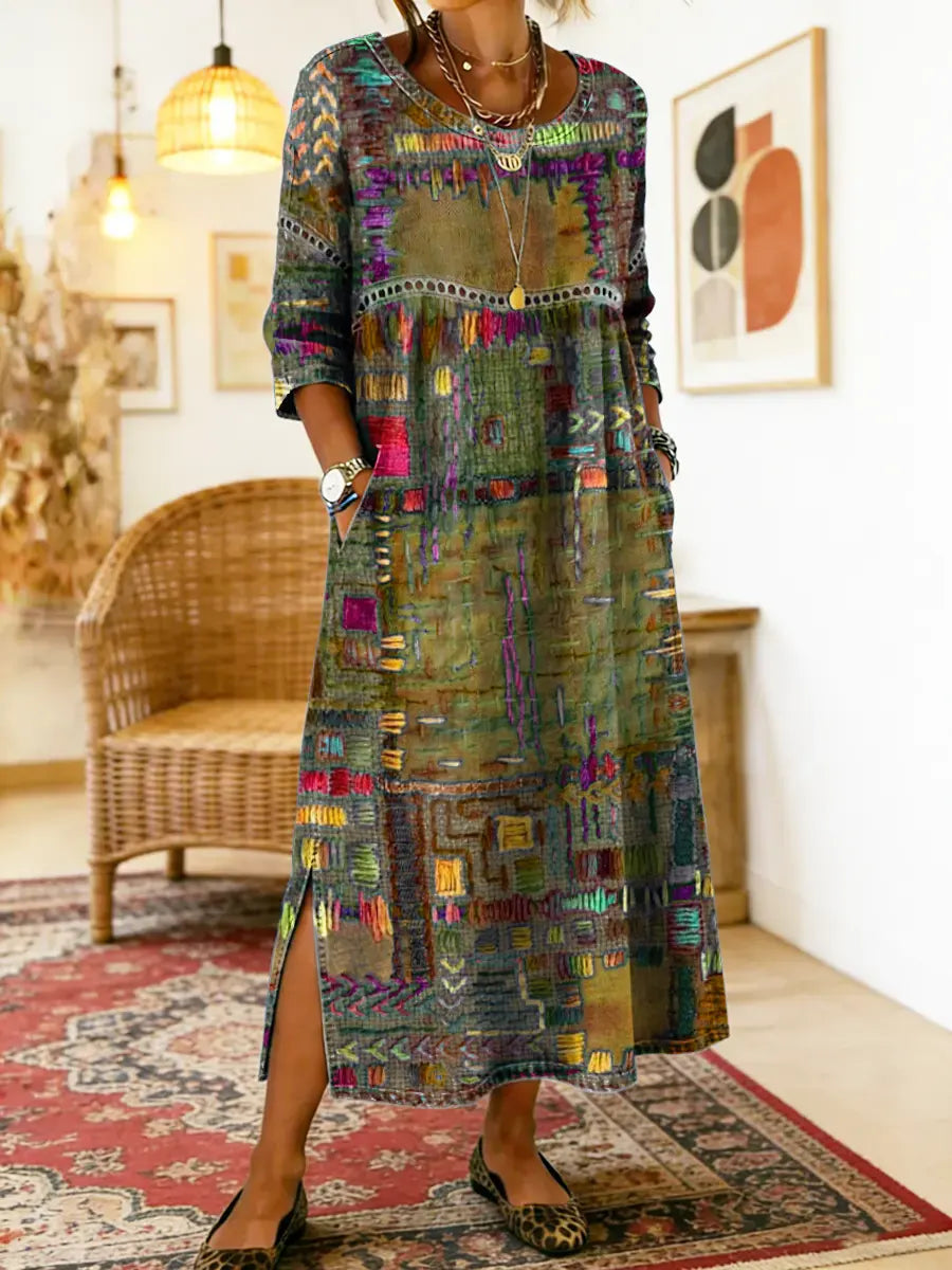 Manuela | Vestido Denim com Patchwork Étnico