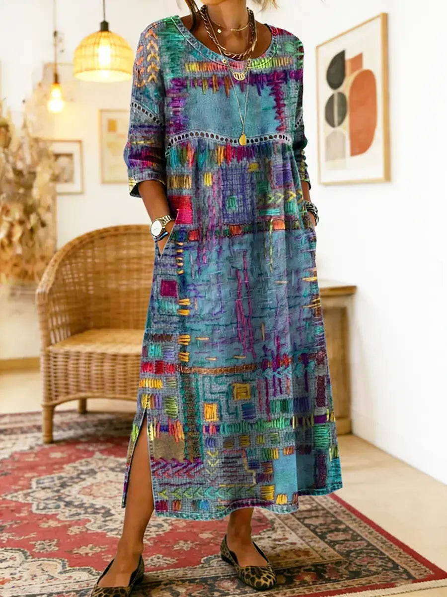 Manuela | Vestido Denim com Patchwork Étnico