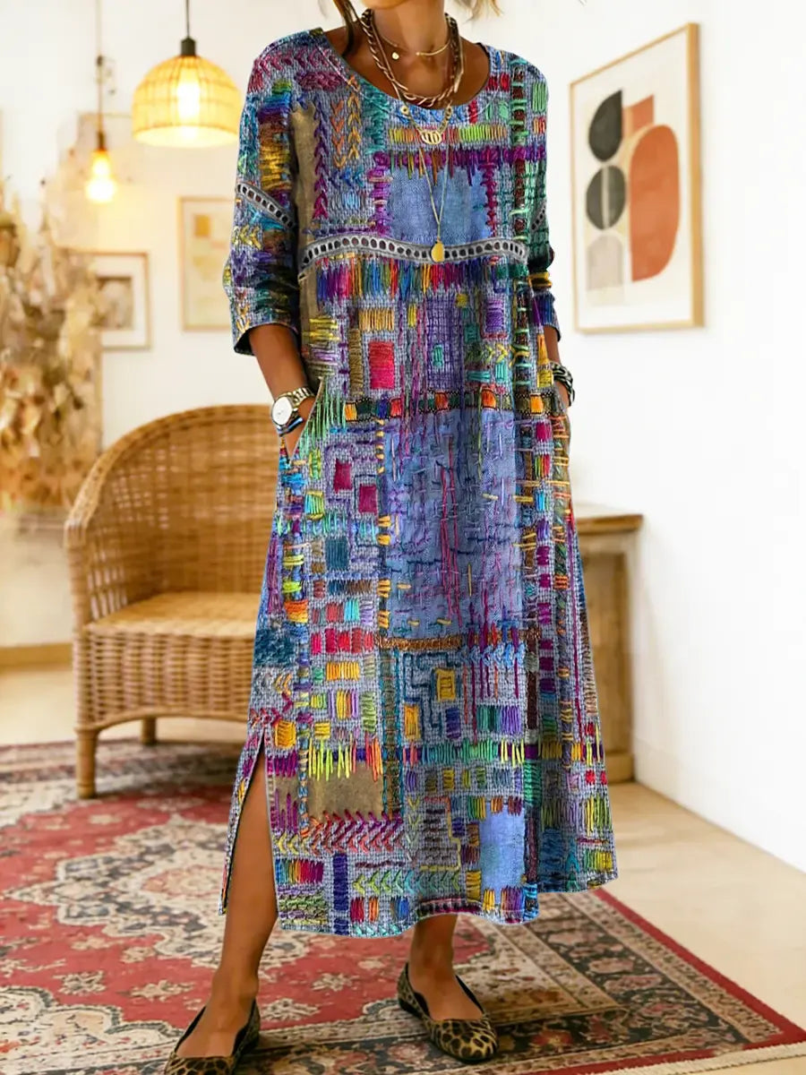 Manuela | Vestido Denim com Patchwork Étnico