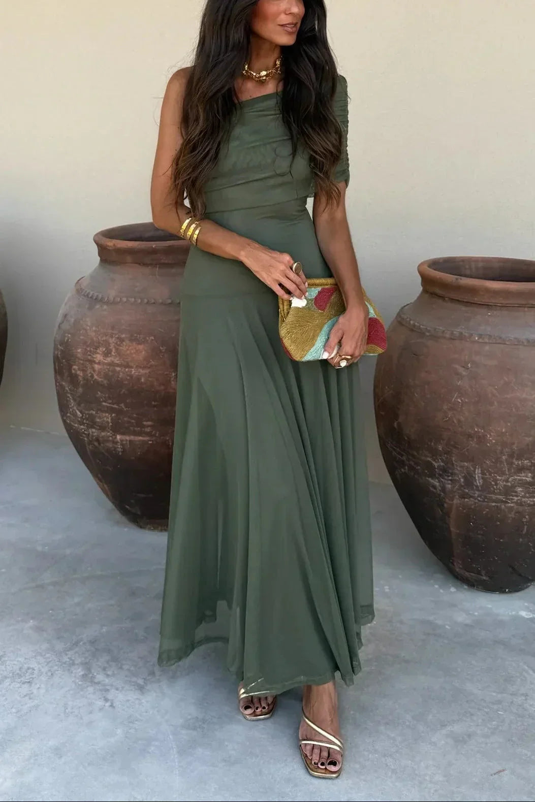 Sofia - Vestido Longo de Verão Plissado Ombro Único